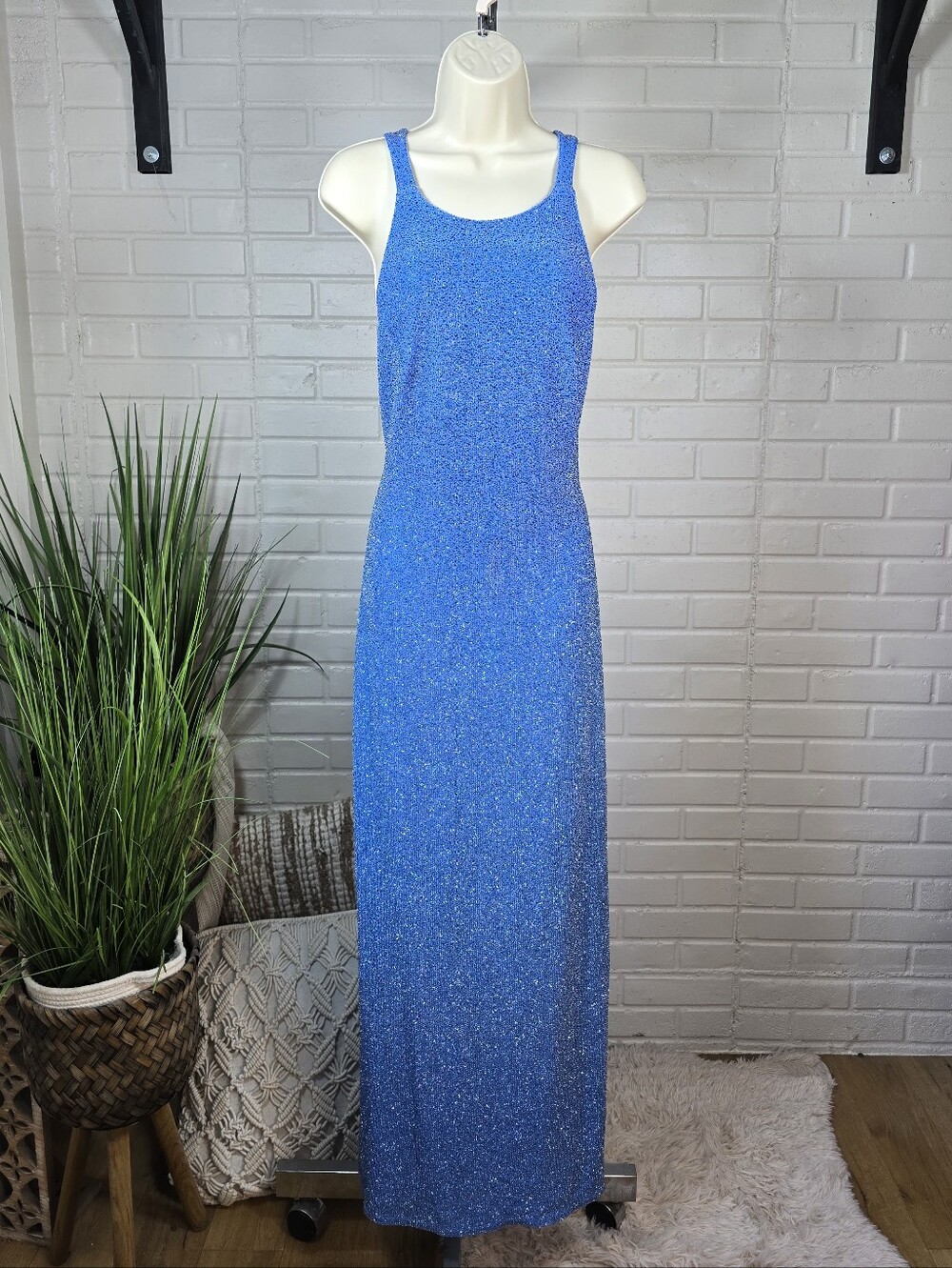 Vintage 90s Jump Sparkle Blue Maxi Dress Sleeveless Evening Gown Womens Medium